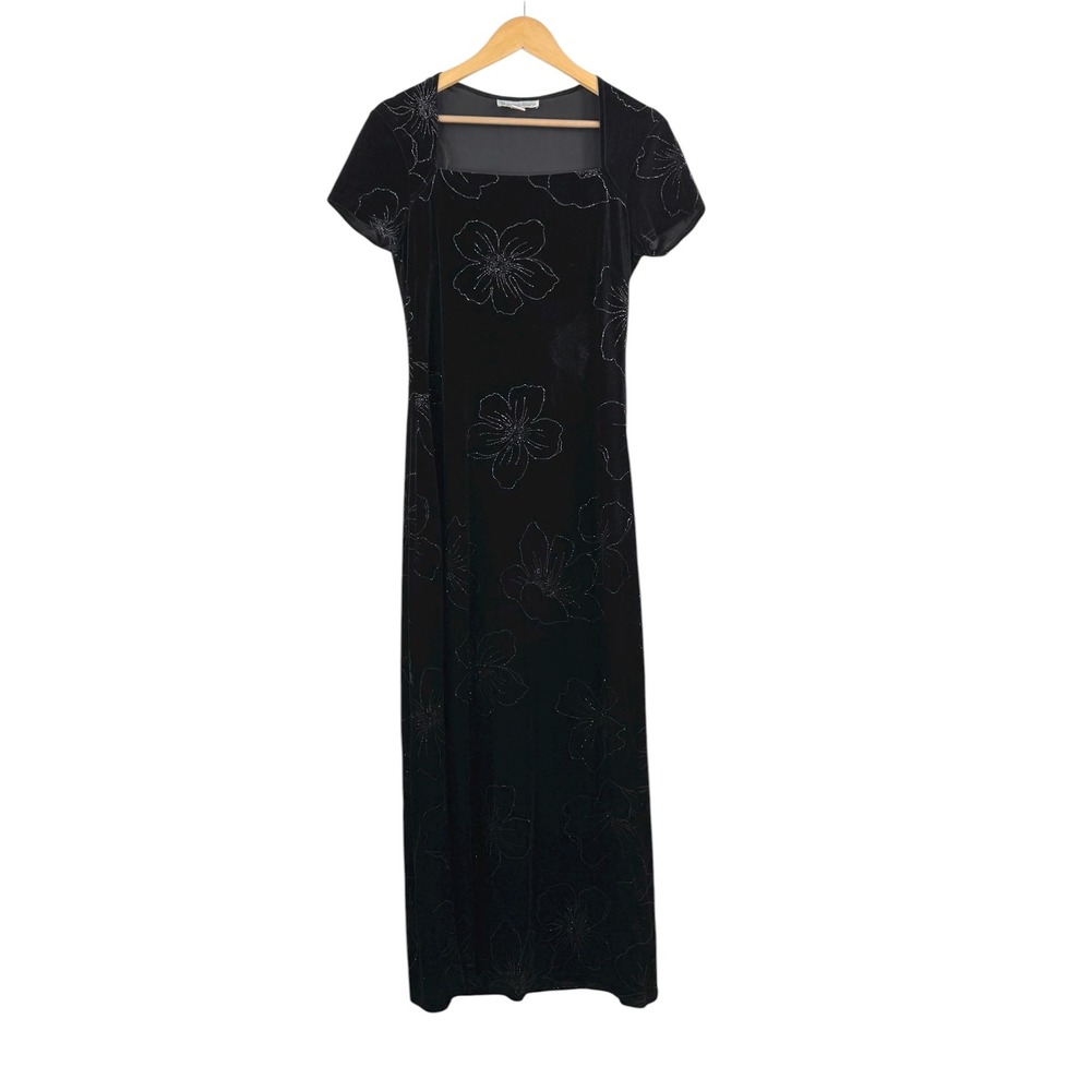 VTG‎ Dressbarn Black Velvet Floral Maxi Dress Elegant glitter whimsigoth 90s